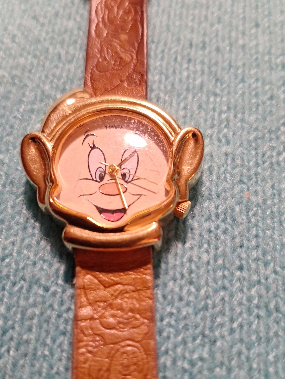 Dopey Disney Character Watch — Brown Leather Strap, Gold Tone Case